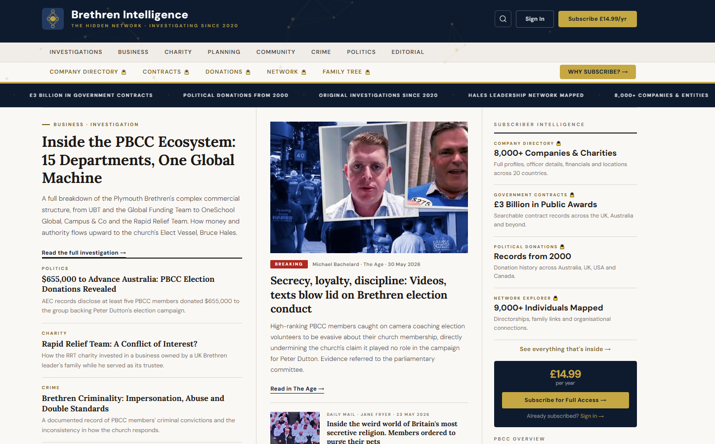 Brethren Intelligence homepage showing news investigations including 'Inside the PBCC Ecosystem: 15 Departments, One Global Machine' alongside subscriber intelligence tools :  Company Directory (8,000+ entities), Government Contracts (£3 Billion), Political Donations and Network Explorer (9,000+ individuals)