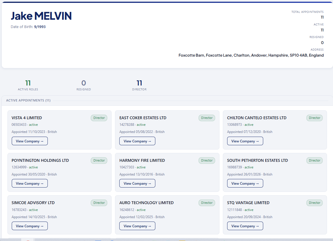 OC Corporate People Search showing Jake Melvin with 11 active director appointments across companies including Vista 4 Limited, East Coker Estates Ltd, Chilton Cantelo Estates Ltd and others :  each with company number, status and appointment date