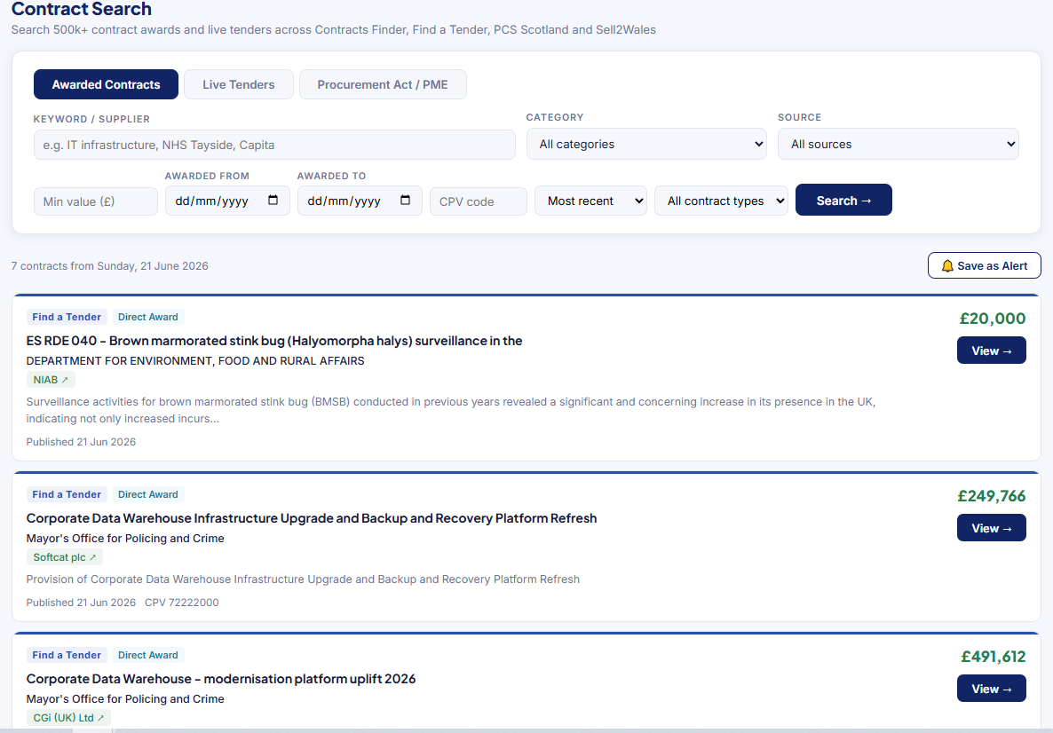OC Political Contract Search showing Awarded Contracts mode with results including Find a Tender contracts for Department for Environment Food and Rural Affairs and Mayor's Office for Policing and Crime :  with contract values, supplier names and View buttons